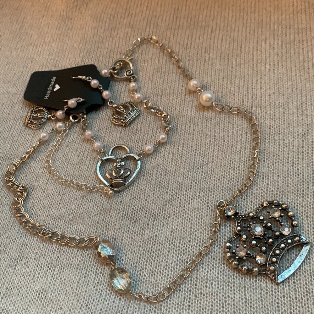Trio Necklace Bracelet & Earrings - silver tone crowns white pearls
